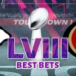 Best Super Bowl 58 Bets with team logos of Kansas City left, San Fran 49ers right with Super Bowl 58 graphic with trophy