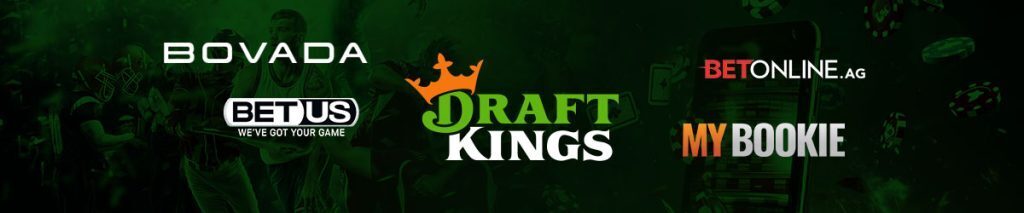 DraftKings logo centered with Bovada, BetUS, MyBookie, and BetOnline logos surrounding