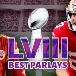 Super Bowl 58 logo centered with "Best Parlays", Patrick Mahomes and Travis Kelce left, Christian McCaffrey and George Kittle right