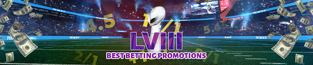 Super Bowl 58 Betting Promotions with football stadium with money/odds in background