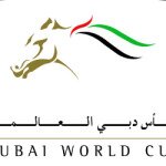 Dubai World Cup logo centered with horses racing to left and right