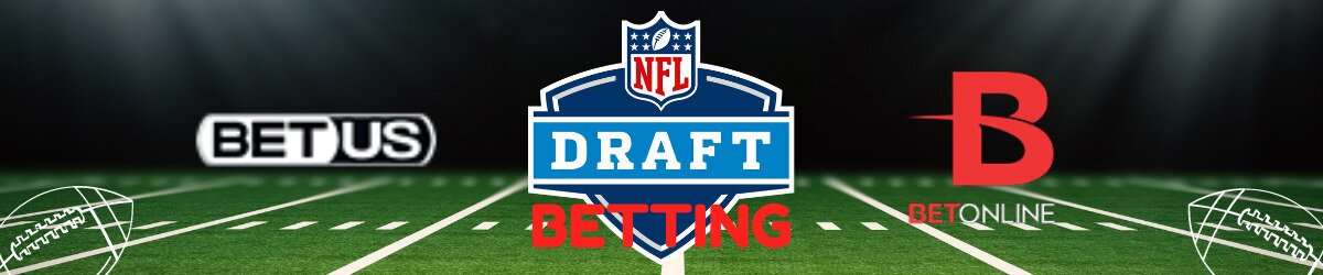 NFL Draft logo with betting text centered, betus and bovada logos to side and football imagery in background