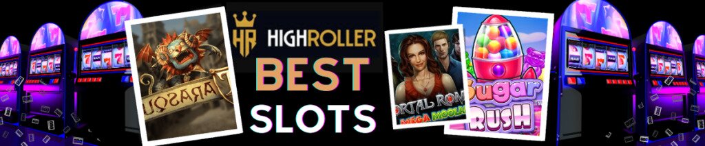 High Roller Casino logo and best slots text centered, slot game imagery and slot machines surrounding