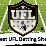 UFL logo centered, best UFL betting sites text centered, betus logo to left, bovada logo to right, football field in background