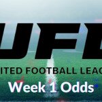 UFL logo centered, week 1 odds text centered, football field in background, football play designs surrounding