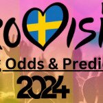Eurovision logo with betting odds & prediction text centered, concert imagery in background