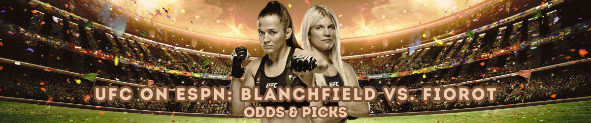 UFC on ESPN: Blanchfield vs. Fiorot odds & picks text centered, Erin Blanchfield and Manon Fiorot featured, sports stadium and confetti in background