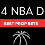 2024 NBA Draft best prop bets text centered with basketball graphic, Zach Edey to left, Donovan Clingan to right