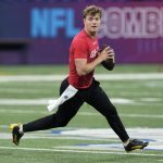 Michigan quarterback and NFL Draft hopeful J.J. McCarthy throwing at the NFL Combine