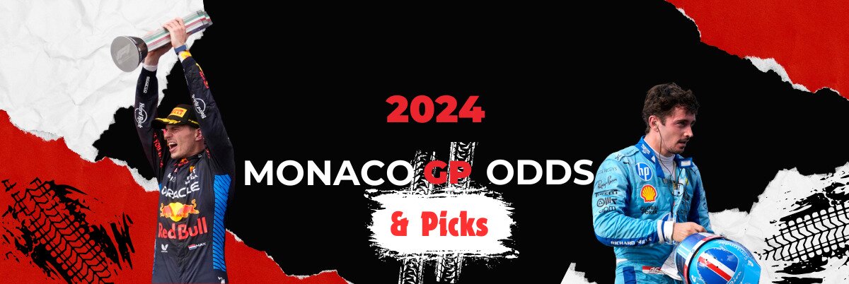 2024 Monaco GP Odds & Picks text centered, Max Verstappen to left, Charles Leclerc to right