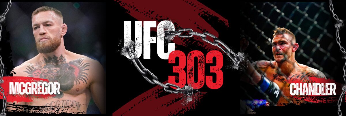 UFC 303 text and chain centered, Conor McGregor to left, Michael Chandler to right