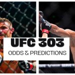UFC 303 odds & predictions text centered, Islam Makhachev to left, Dustin Poirier and Paulo Costa centered, and Sean Strickland to right