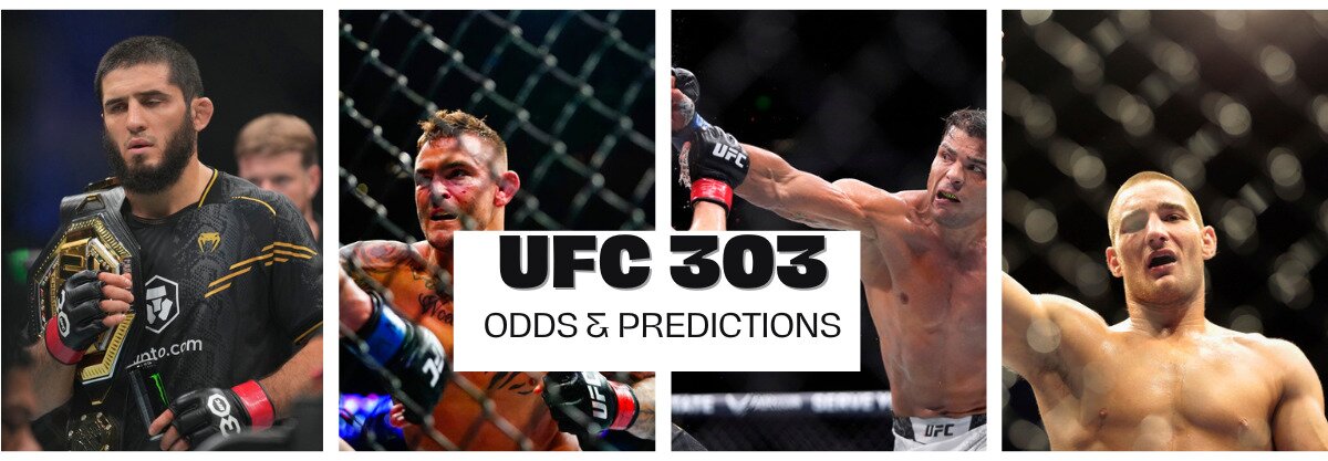 UFC 303 odds & predictions text centered, Islam Makhachev to left, Dustin Poirier and Paulo Costa centered, and Sean Strickland to right