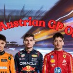 2024 Austrian GP Odds text centered, Lando Norris, Max Verstappen, and Charles Leclerc featured, race track in background