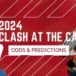 2024 Clash at the Castle Odds text centered, Cody Rhodes to left, WWE fans to right, red and white background