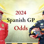 2024 Spanish GP Odds text centered, Charles Leclerc to left, Max Verstappen to right, checkered flags to left and right, race track in background