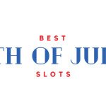 Best 4th of July Slots text centered, Reels of Liberty slot game image to left, Declaration of Spindepdendence slot game image to right, patriotic celebration imagery in background