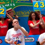 Joey Chestnut competing at the Nathan's Hot Dog Eating Contest