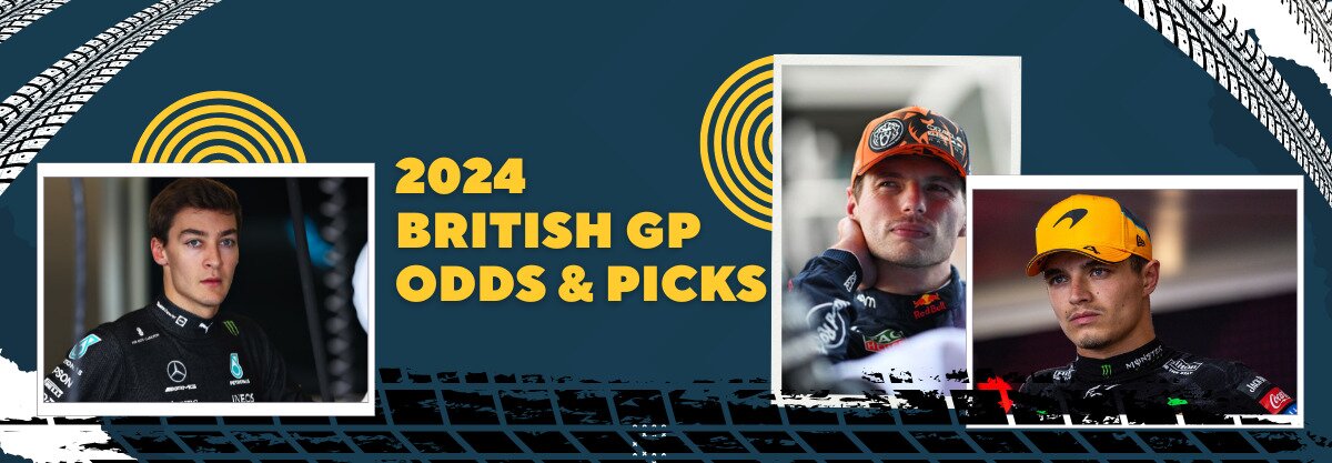 2024 British Grand Prix Odds text centered, Max Verstappen and Lando Norris to right, George Russell to left