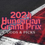 2024 Hungarian Grand Prix odds and picks text centered, Max Verstappen to left, Lando Norris to right, race track in background