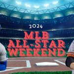 2024 MLB All-Star Weekend text centered, Shohei Ohtani to left, Gunnar Henderson to right, baseball stadium in background