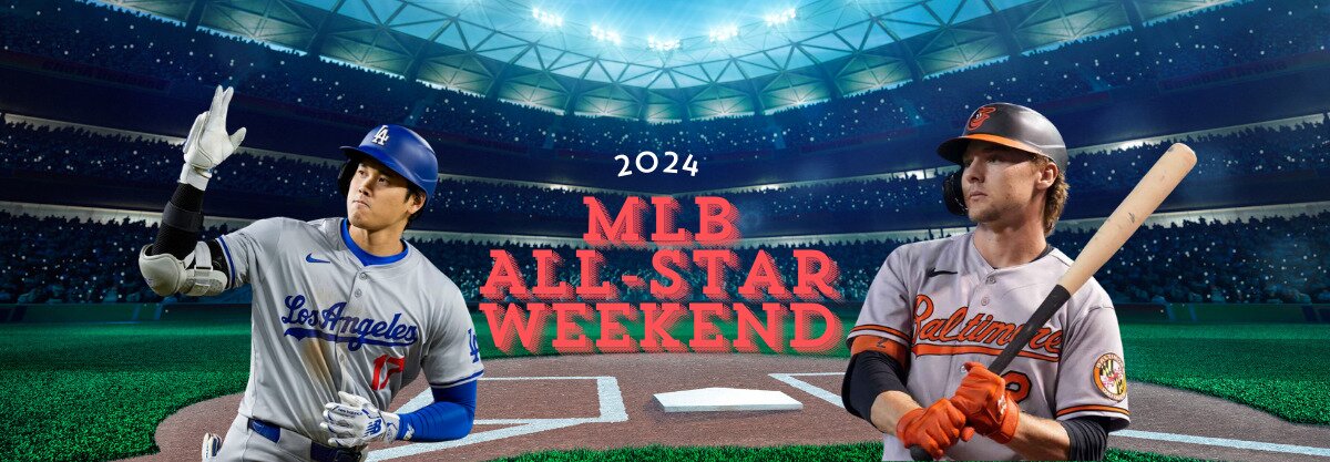 2024 MLB All-Star Weekend text centered, Shohei Ohtani to left, Gunnar Henderson to right, baseball stadium in background