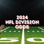 2024 NFL Division Odds text centered, Jordan Love to left, Breece Hall to right, flames surrounding with football field in background