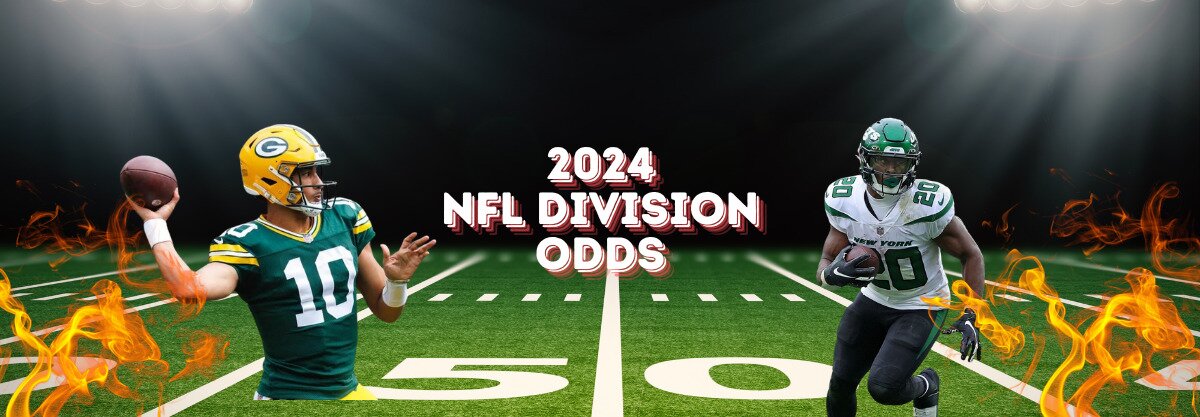 2024 NFL Division Odds text centered, Jordan Love to left, Breece Hall to right, flames surrounding with football field in background