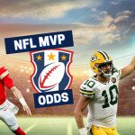 NFL MVP Odds text centered with a football shield, Patrick Mahomes to left, Jordan Love to right, football stadium in background