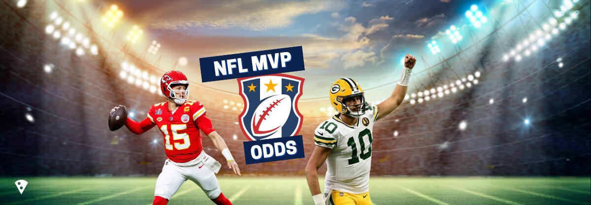 NFL MVP Odds text centered with a football shield, Patrick Mahomes to left, Jordan Love to right, football stadium in background