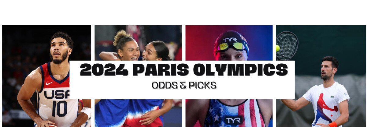 2024 Paris Olympics odds and picks text centered, Jayson Tatum and other olympics athletes featured