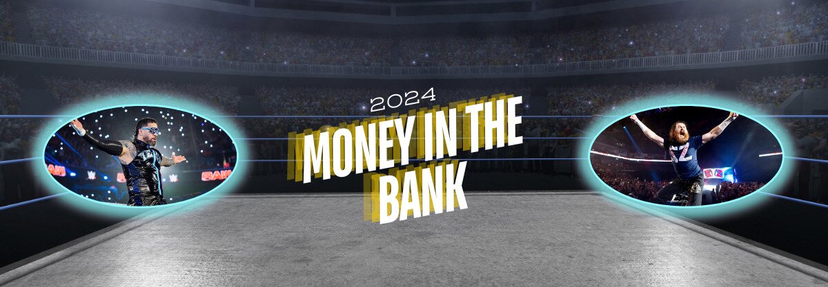 2024 Money in the Bank text centered, Jey Uso to left, Sami Zayn to right, wrestling ring in background