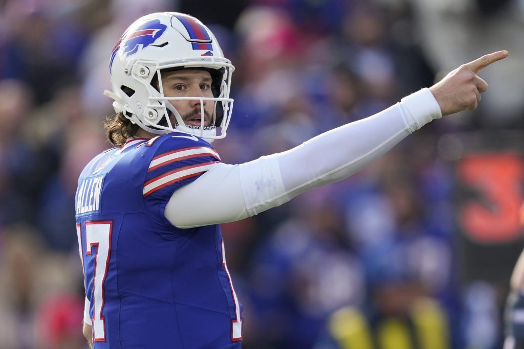 Buffalo Bills quarterback Josh Allen pointing in a game