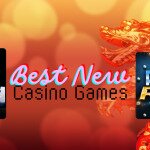 Best New Casino Games text centered, Skyward logo to left, Plinko Rush logo to right, organge casino graphic with dragon in background