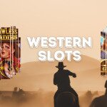 Western Slots text centered, wild west game logos featured, cowboy and desert in background