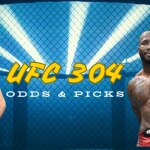 UFC 304 odds and picks text centered, Leon Edwards to left, Belal Muhammad to right, Octagon in background