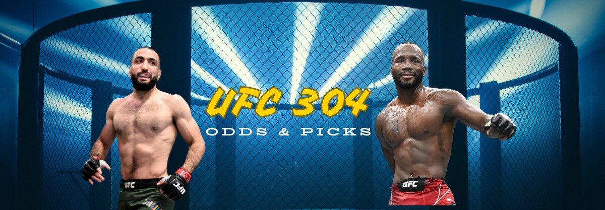 UFC 304 odds and picks text centered, Leon Edwards to left, Belal Muhammad to right, Octagon in background