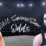 WWE SummerSlam Odds text centered, Cody Rhodes to left, Rhea Ripley to right, wrestling ring in background