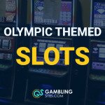 Olympic Themed Slots text centered, slot machines in background