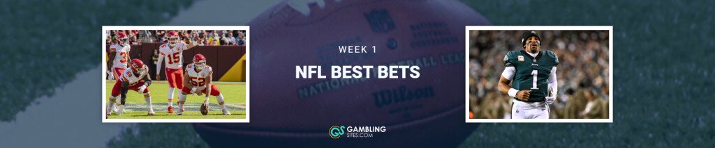 Week 1 NFL Best Bets text centered, Patrick Mahomes and Jalen Hurts featured in boxes, football on field in background