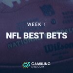 Week 1 NFL Best Bets text centered, Patrick Mahomes and Jalen Hurts featured in boxes, football on field in background