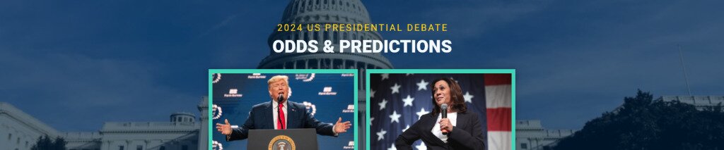 2024 US Presidential Debate Odds & Predictions text centered, Donald Trump and Kamala Harris featured, the white house in the background