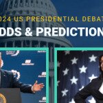 2024 US Presidential Debate Odds & Predictions text centered, Donald Trump and Kamala Harris featured, the white house in the background