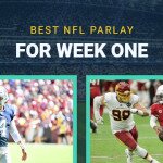 Best NFL Parlay for Week One text centered, Dak Prescott and Kyrler Murray featured, football stadium image in background