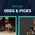 UFC 306 Odds & Picks text centered, Sean O'Malley and Valentina Shevchenko featured, UFC logo in background