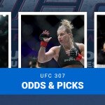 UFC 307 odds & picks text centered, Alex Pereira, Jose Aldo, and Kayla Harrison featured, UFC Octagon in background