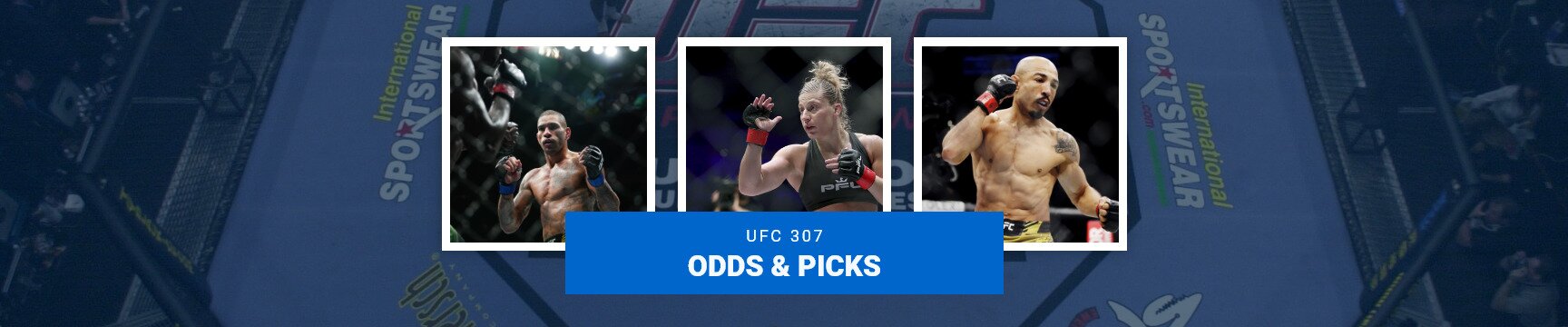 UFC 307 odds & picks text centered, Alex Pereira, Jose Aldo, and Kayla Harrison featured, UFC Octagon in background