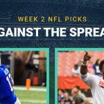 Week 2 NFL Picks Against the Spread text centered, Josh Allen and Myles Garrett featured, NFL stadium in background