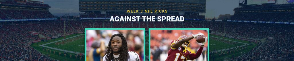 Week 3 NFL Picks Against the Spread text centered, Alvin Kamara and Terry McLaurin featured, football stadium in background