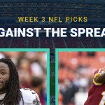 Week 3 NFL Picks Against the Spread text centered, Alvin Kamara and Terry McLaurin featured, football stadium in background